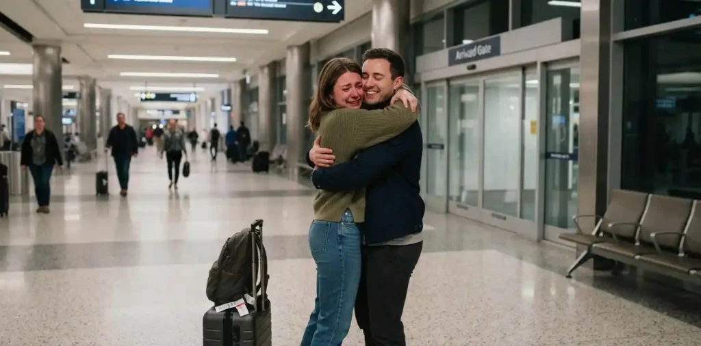 Couple hugging inside an airport terminal