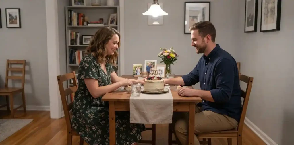 Couple celebrating anniversary together at home