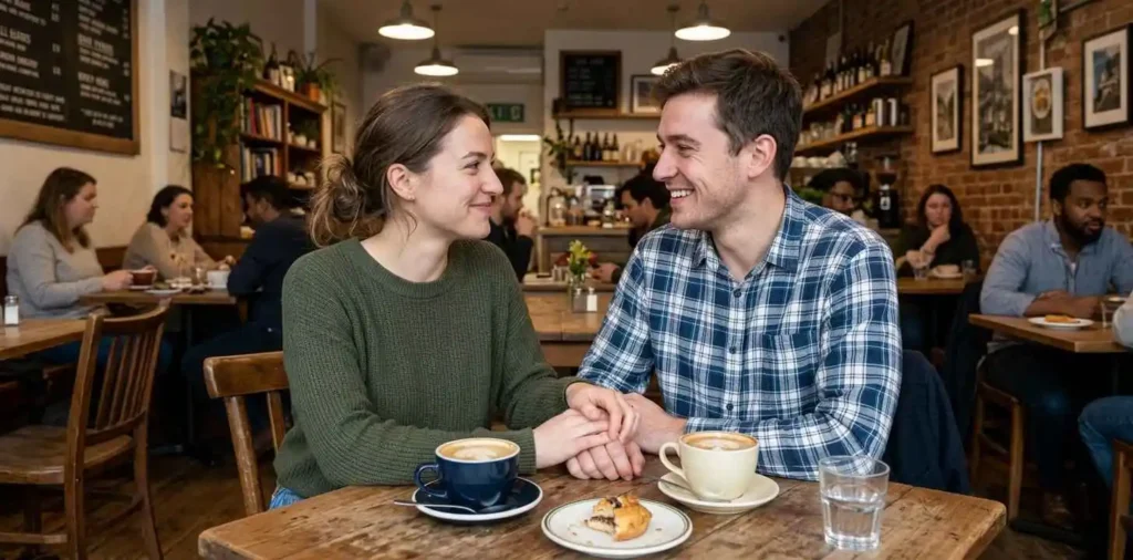 Couple sitting together and sharing a warm smile
