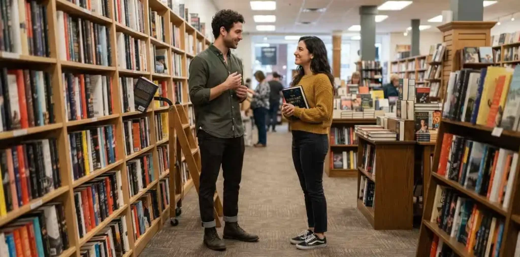Young couple exchanging shy smiles indoors