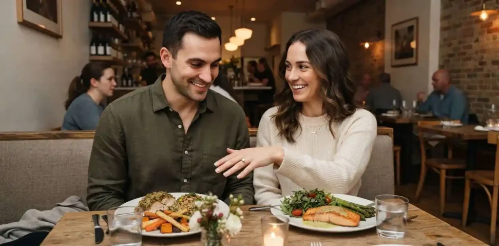 Woman showing engagement ring beside fiancé