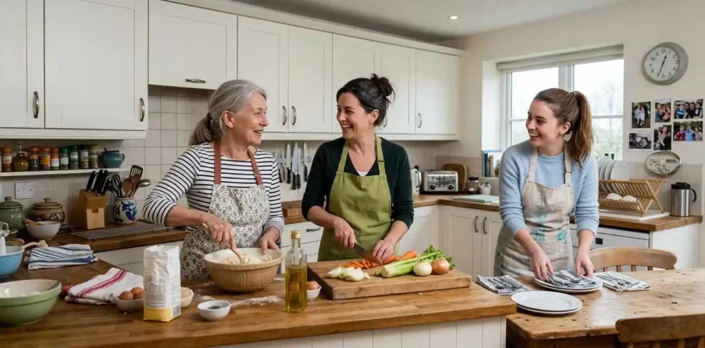 Family members cooking together at home