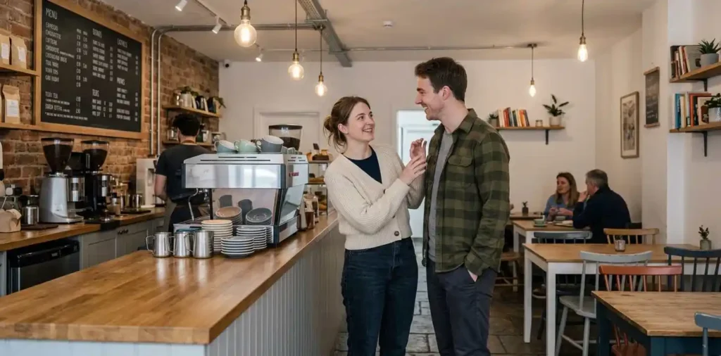 Couple playfully teasing each other in a cafe