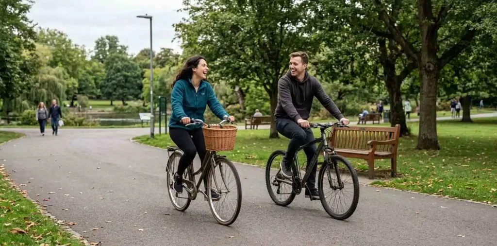 Happy couple riding bicycles together in a park