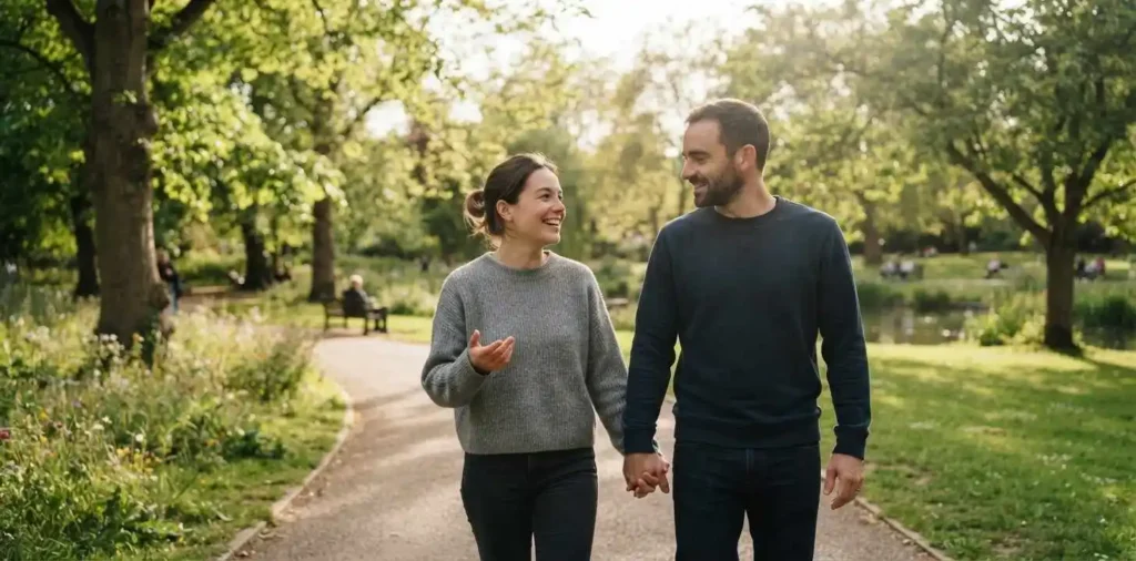 Couple talking together at park 