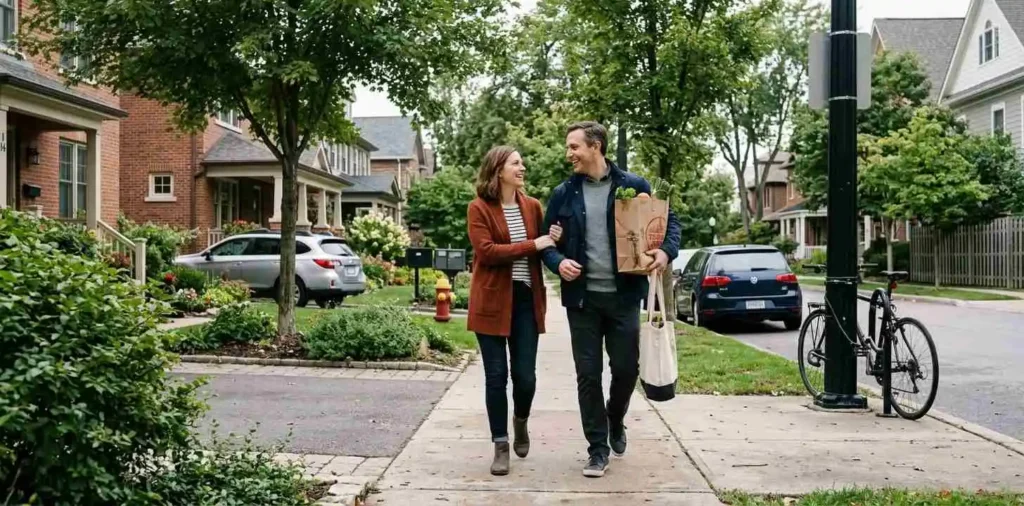 Married couple walking through a quiet neighborhood