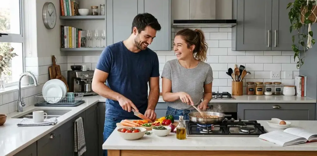 Couple cooking together in a bright kitchen