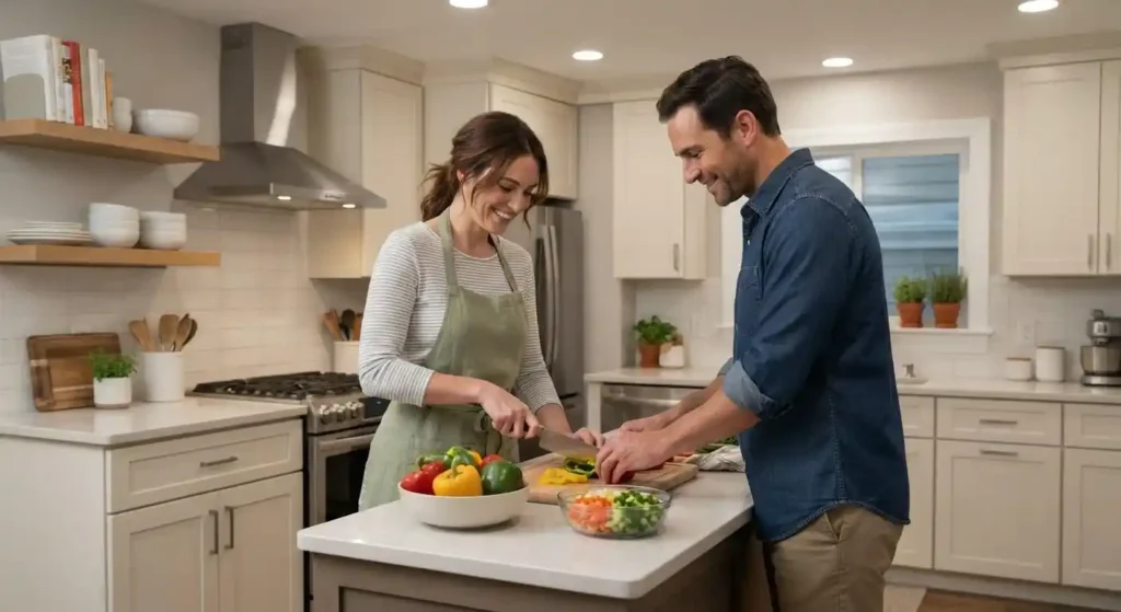 Couple cooking dinner together in modern kitchen