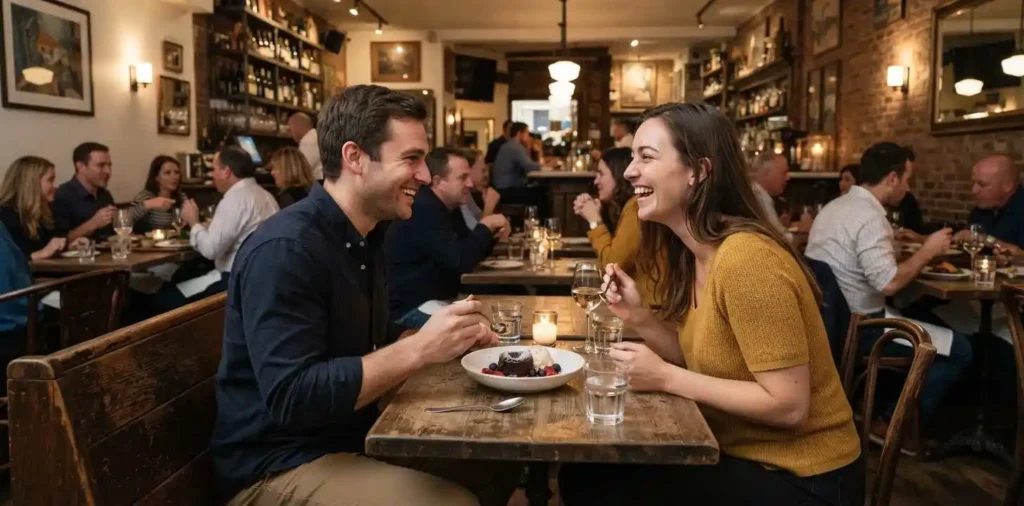 Couple laughing together during dinner date