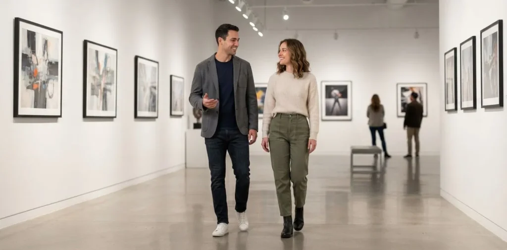 Young couple walking together indoors