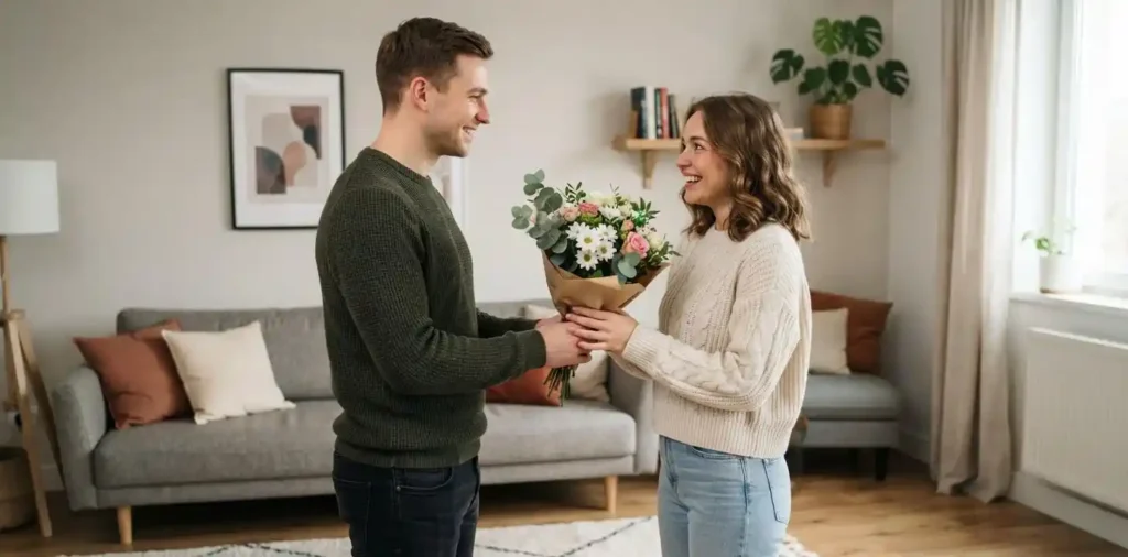 Man giving flowers to his girlfriend indoors