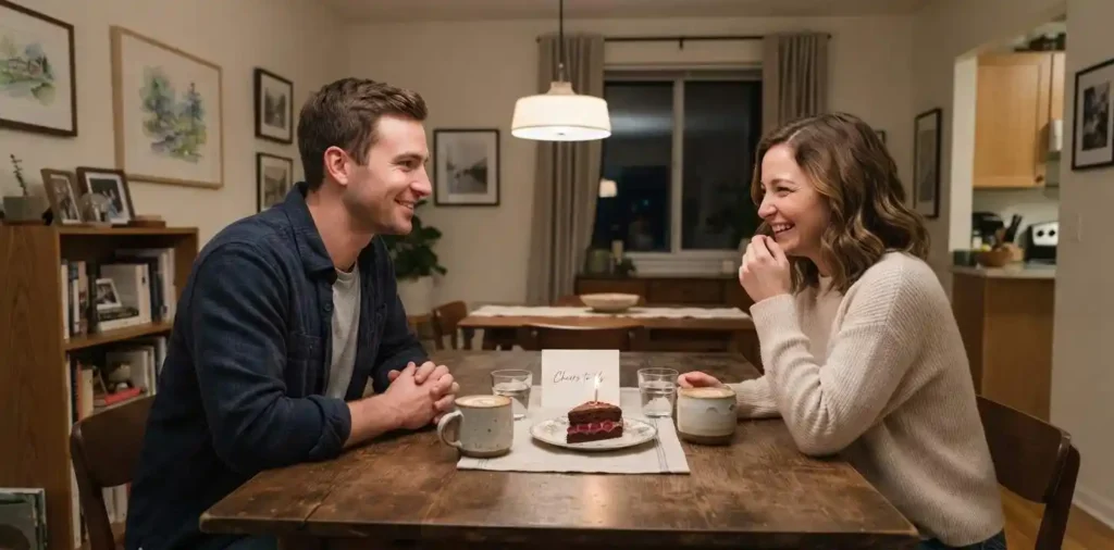 Couple celebrating a relationship milestone at home