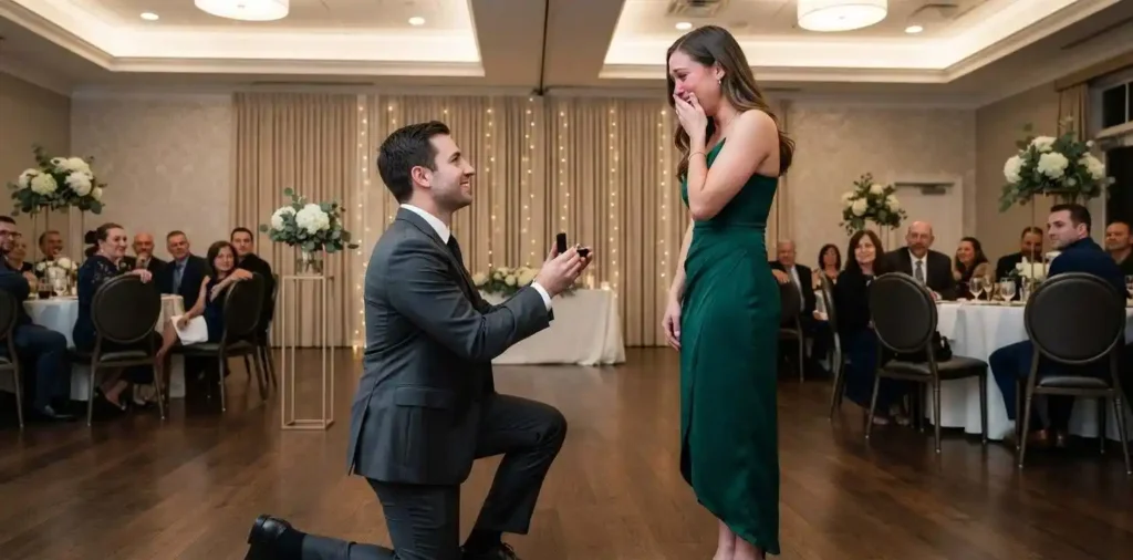 Man proposing to woman in elegant room
