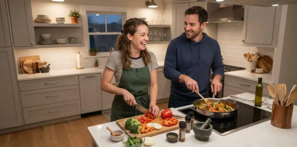 Couple cooking dinner together at home