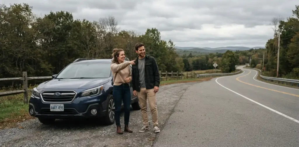 Couple walking beside their car during road trip
