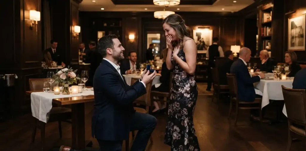 Man proposing to woman with engagement ring