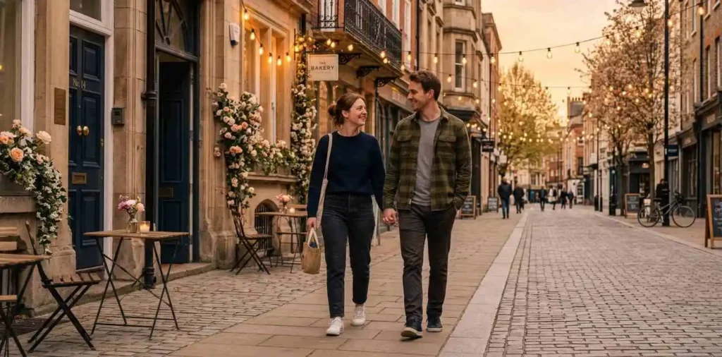 Couple walking together on a quiet street