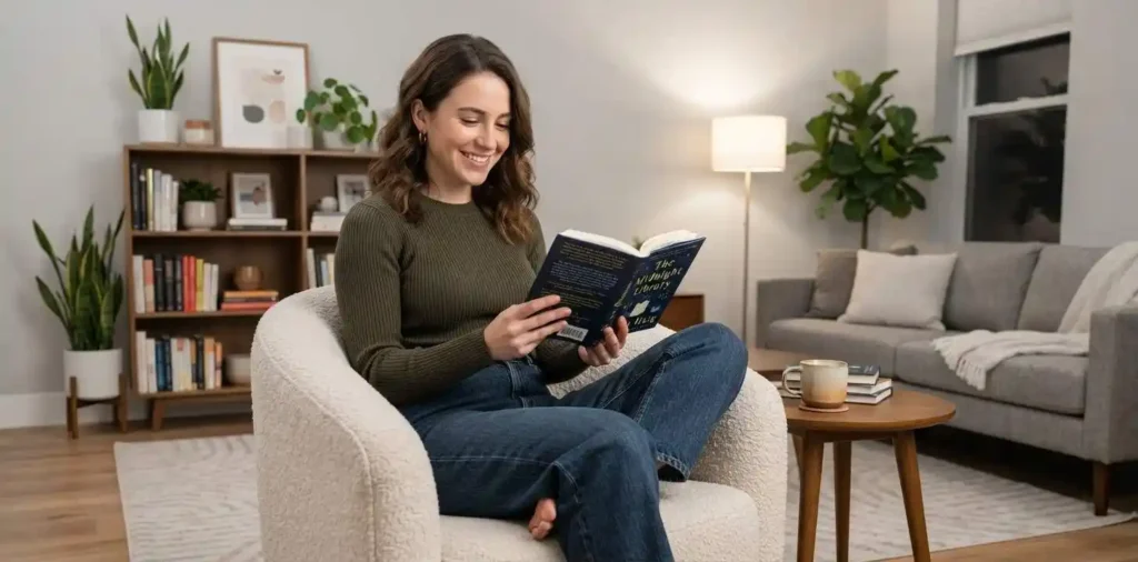 Confident woman relaxing alone at home