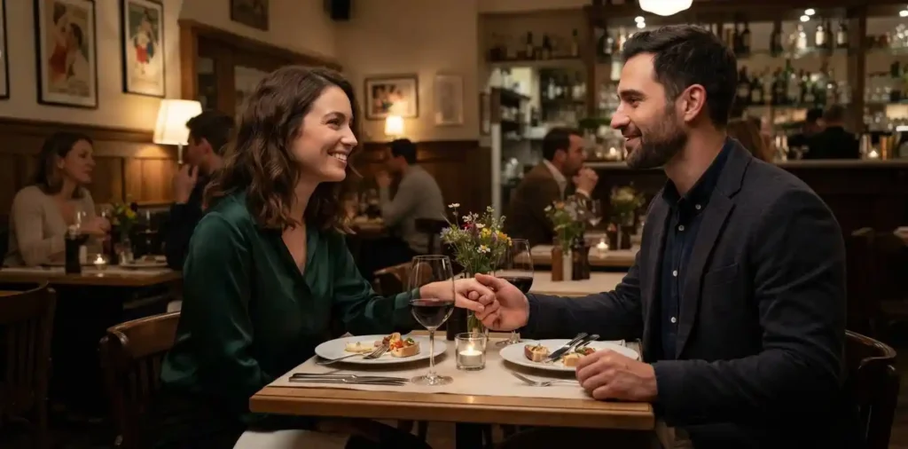 Couple holding hands during a romantic dinner