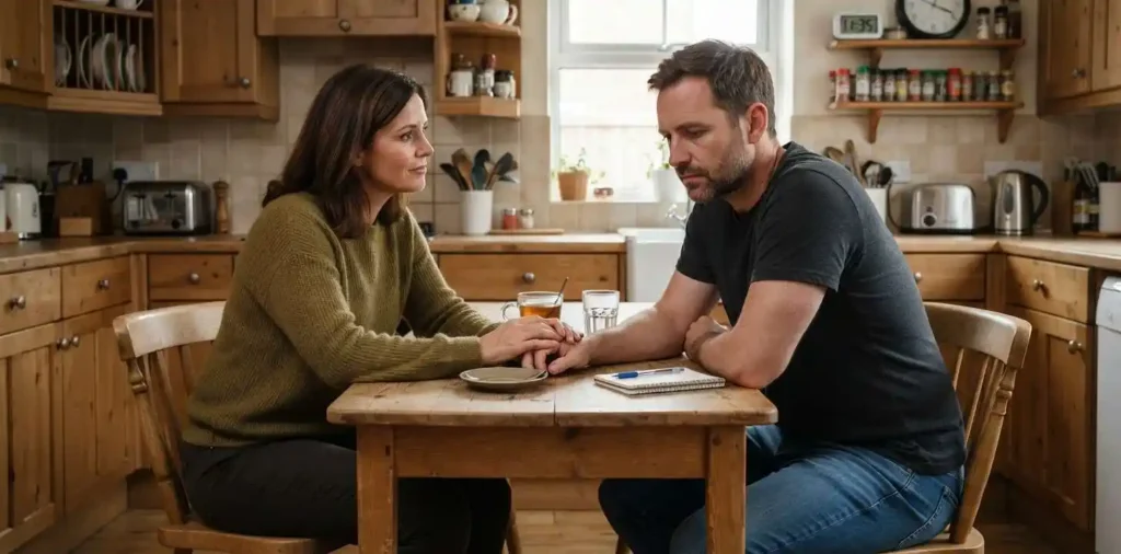 Wife comforting her husband during a quiet home moment