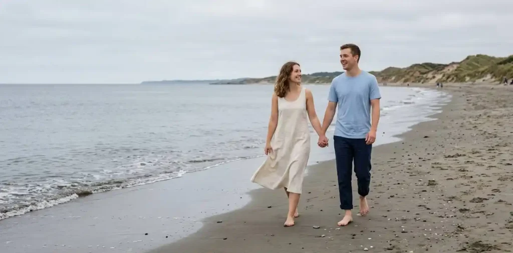Couple exploring a scenic beach together