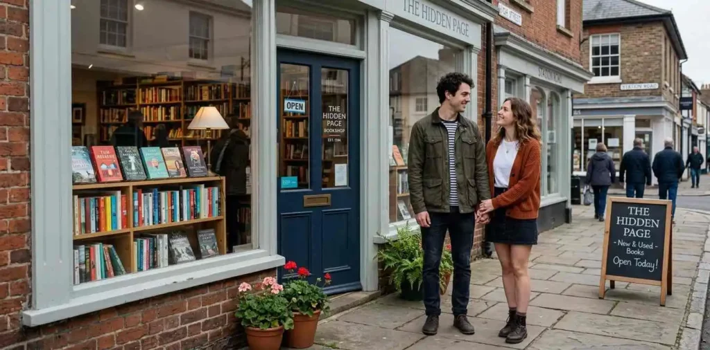Couple holding hands beside a quiet bookstore