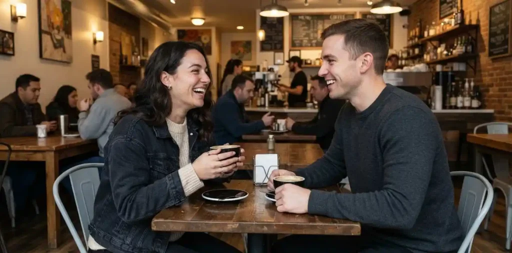 Couple laughing together during a casual coffee break